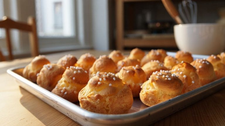 Chouquettes maison dorées et gonflées, saupoudrées de sucre perlé, sorties du four sur une plaque de cuisson