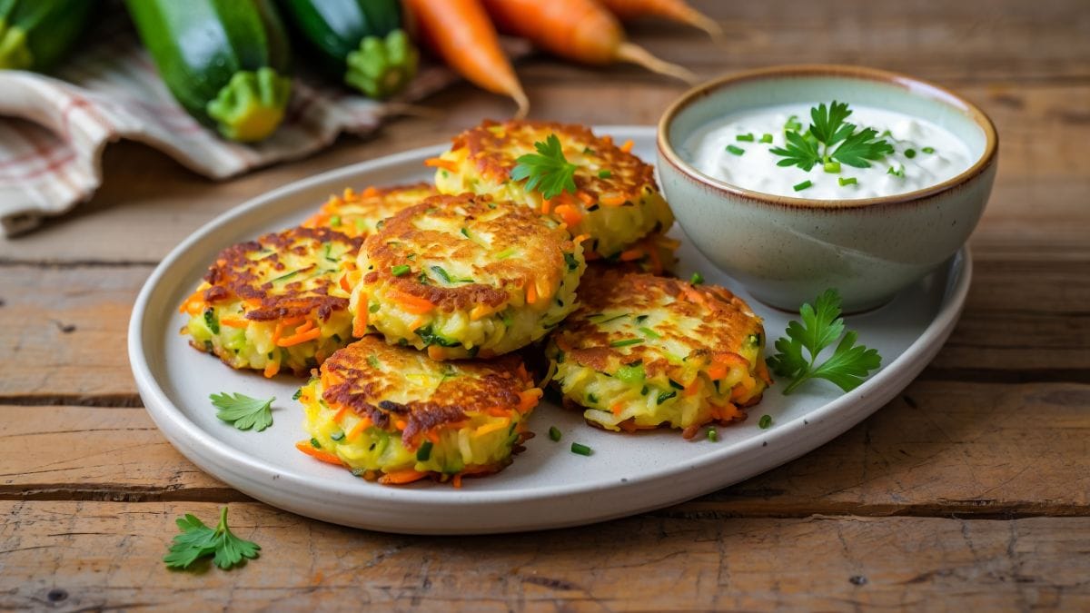 Galettes de légumes maison à base de courgette, carotte et pomme de terre, servies avec une sauce au yaourt et des herbes fraîches sur une table en bois rustique