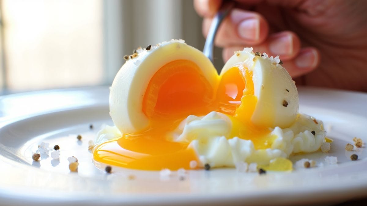 Œuf mollet coupé en deux avec jaune coulant et fleur de sel sur une assiette blanche