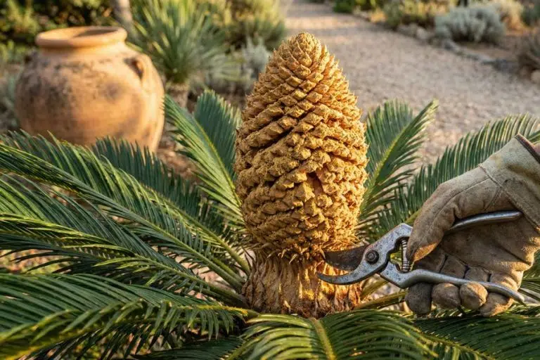 jardinier qui taille une fleur de cycas