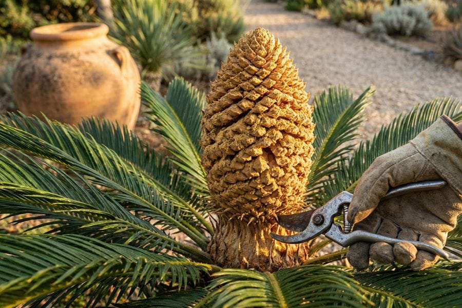 jardinier qui taille une fleur de cycas
