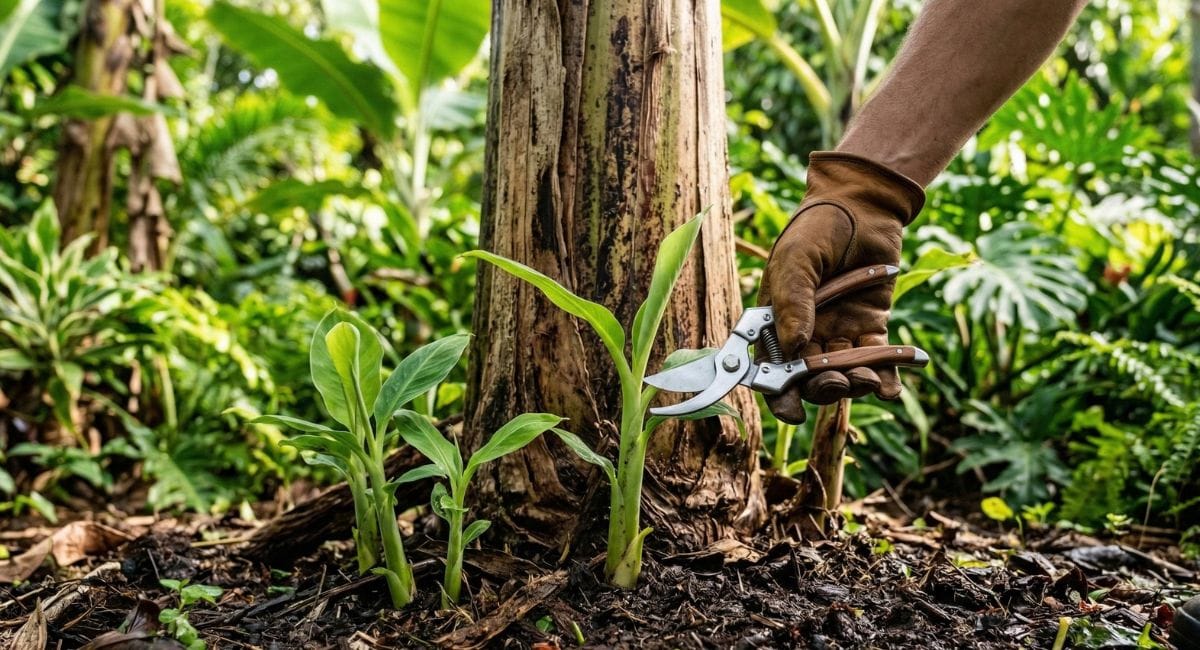 Jardinier qui coupe les rejets de son bananier