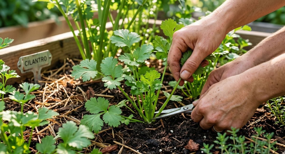 Jardinier qui entretient sa coriandre