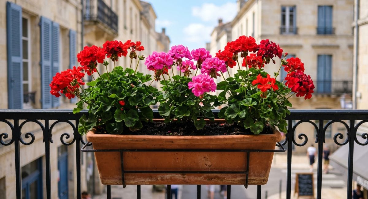 Une jardinière de géraniums rouge et rose sur un de balcon