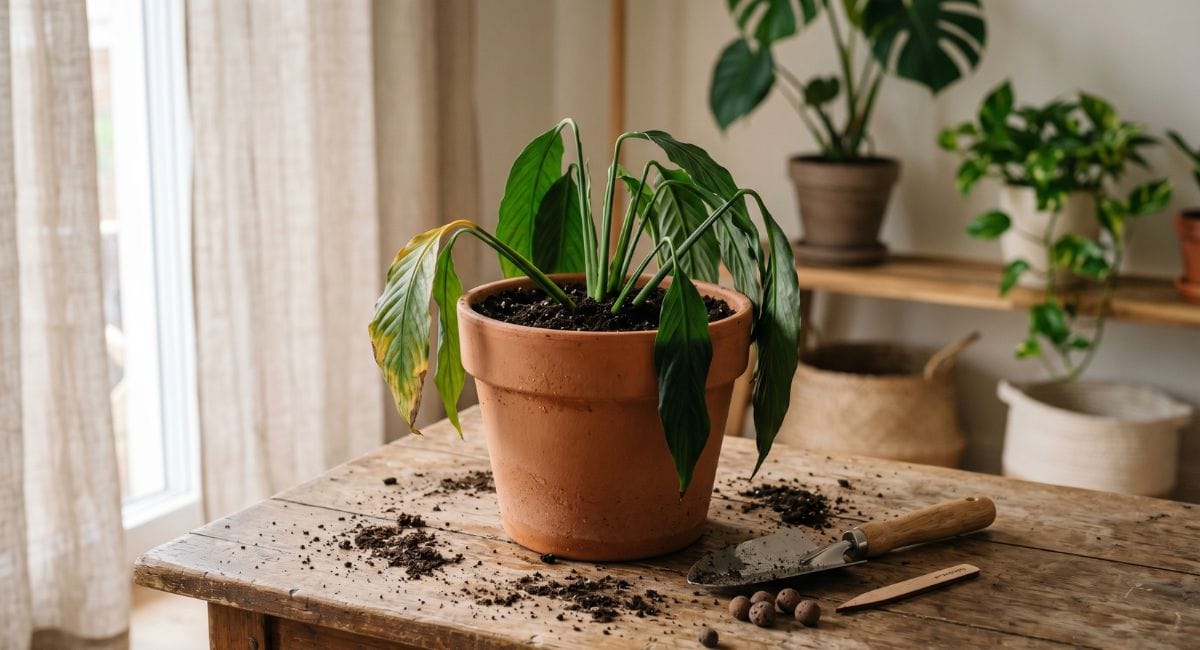 Plante qui meurt dans un pot, positionnée sur une table