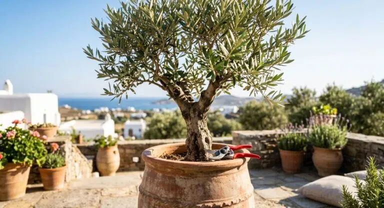 Olivier en pot qui vient d'être tailler par un jardinier