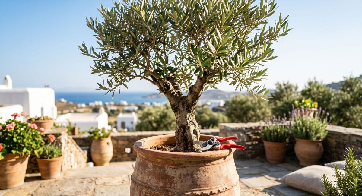 Olivier en pot qui vient d'être tailler par un jardinier